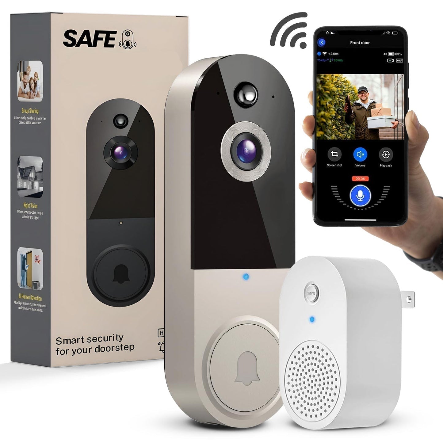 Trådløs videodørtelefon med AI-bevægelsesdetektering og lyd