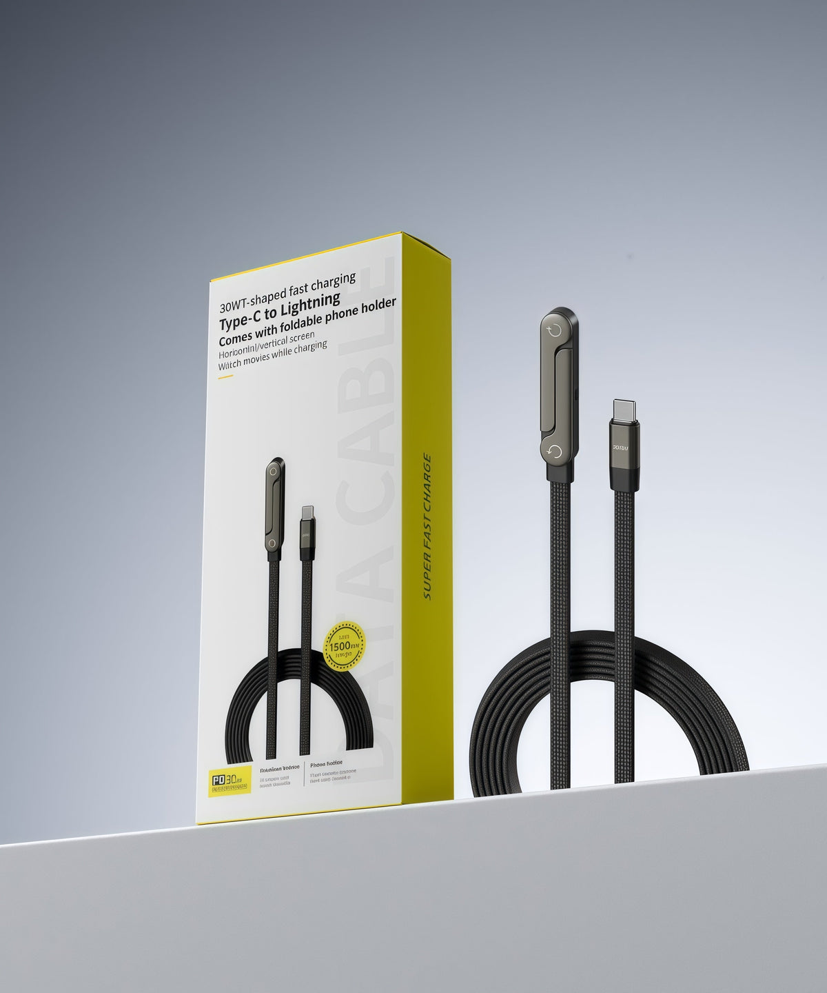 PrettyCharge™ – Prettynomisk 2-i-1 opladerkabel med integreret telefonholder